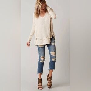 FREE PEOPLE Laguna Beige Waffle Weave Knit Thermal Long Sleeve Tunic Top Medium